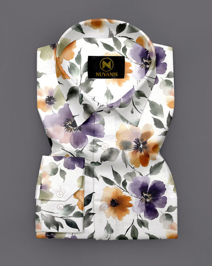 Off White Flower Printed Full Sleeve Shirt