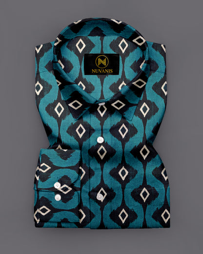 Cyan Ikkat Printed Full Sleeve Shirt